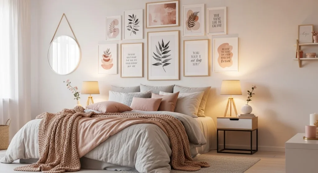 girls bedroom decorated with framed art gallery wall and cozy aesthetic styling