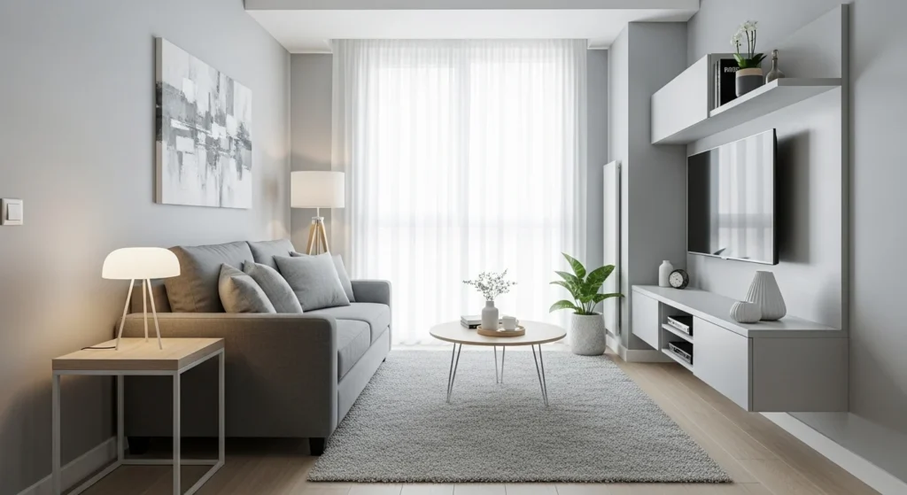 Small apartment living room designed in light gray tones for spacious feel.