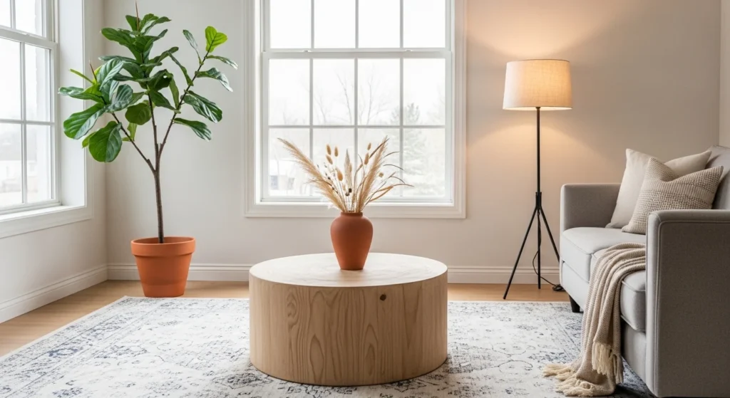 Apartment living room designed with earthy tones and warm natural textures