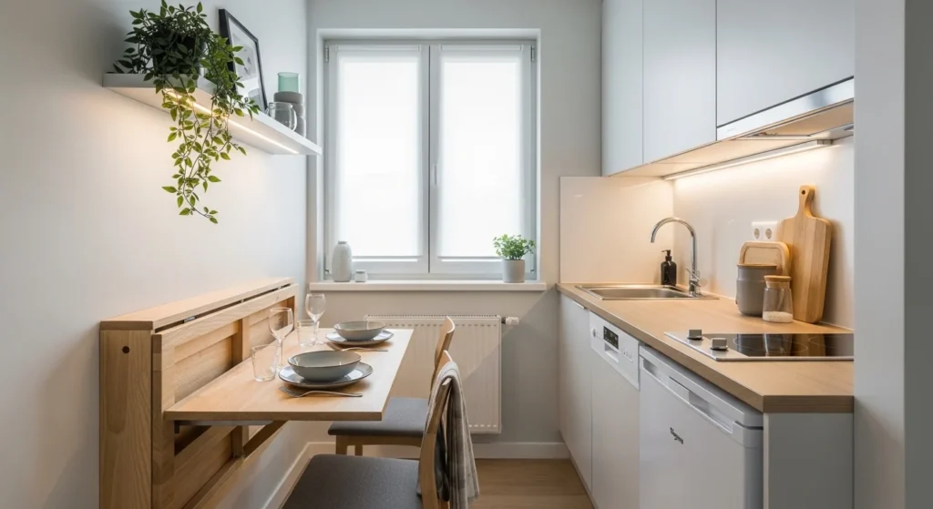 Compact kitchen with wall-mounted foldable dining table saving space efficiently