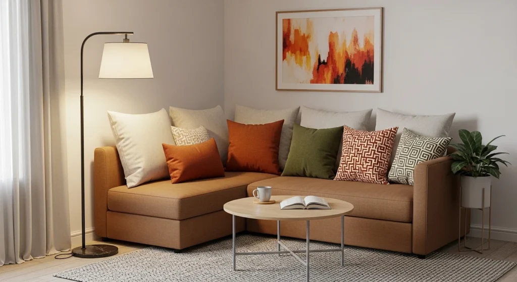 Small living room corner seating arrangement maximizing space efficiency