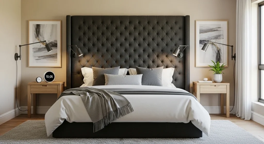 Elegant guest bedroom featuring large upholstered statement headboard