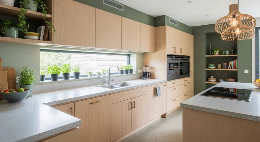 Sustainable kitchen design using natural materials and energy-efficient appliances.