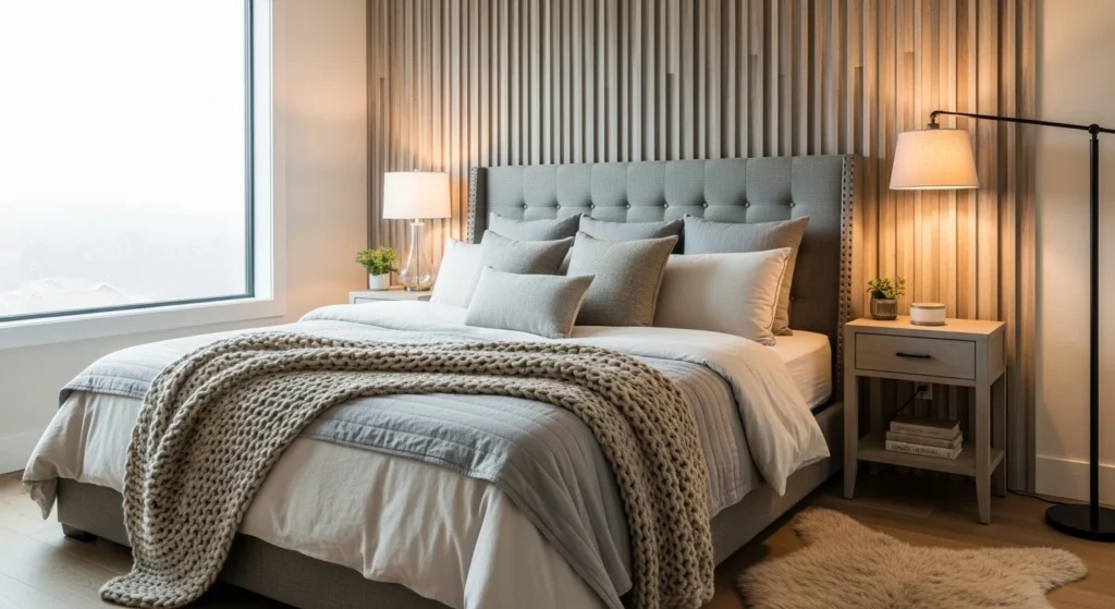 Cozy bedroom featuring textured wall panels behind bed adding depth and warmth
