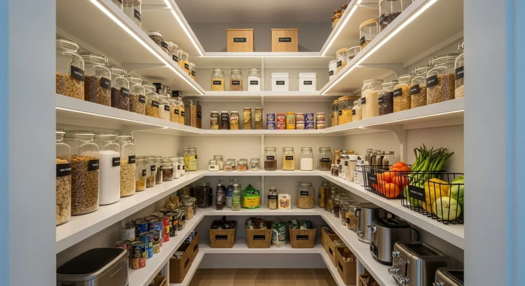 Slim walk-in pantry with shelves on both sides maximizing storage space