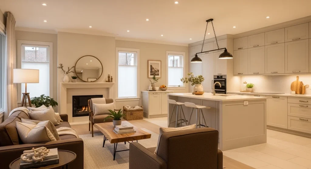 Cozy open kitchen living room designed in warm neutral tones with soft textures