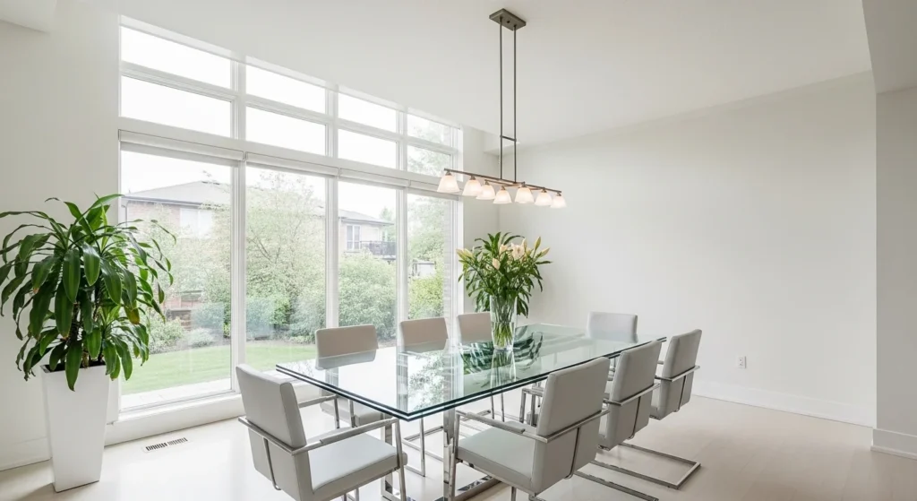 Airy dining room featuring glass dining table and bright natural lighting
