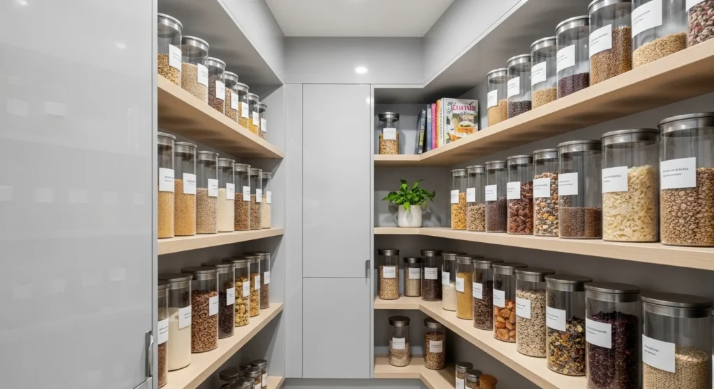 Bulk food items transferred into matching containers creating a clean pantry look.