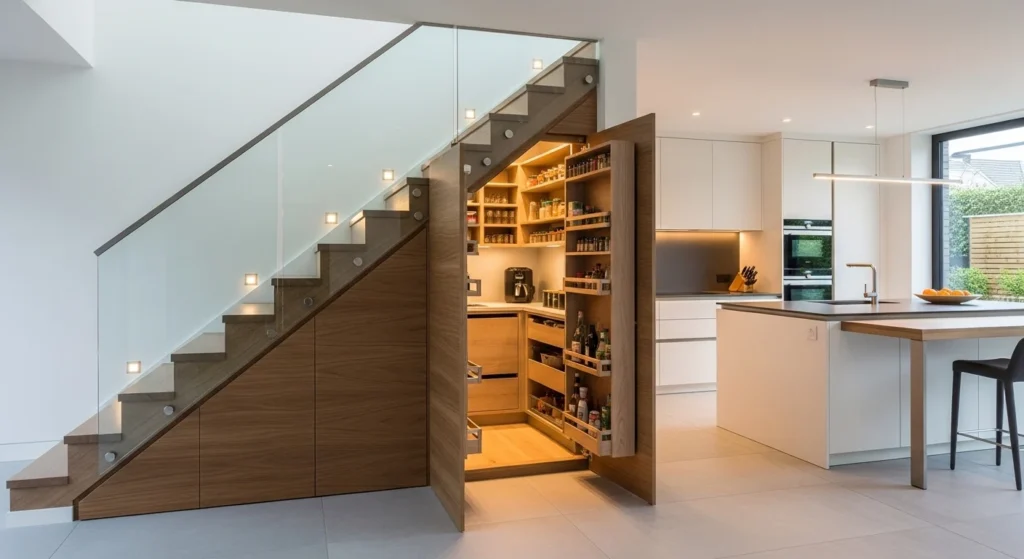 Clever hidden pantry built beneath staircase maximizing unused kitchen space.