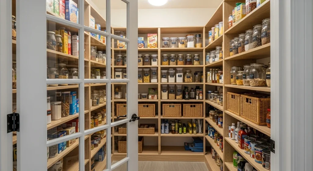 Walk-in pantry with glass door showcasing neatly organized shelves and containers