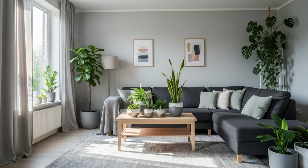Gray living room styled with indoor plants, natural light, and a fresh relaxed atmosphere