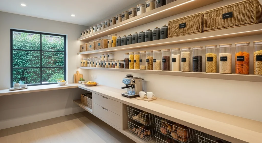 Pantry featuring a built-in counter for food prep and appliance use
