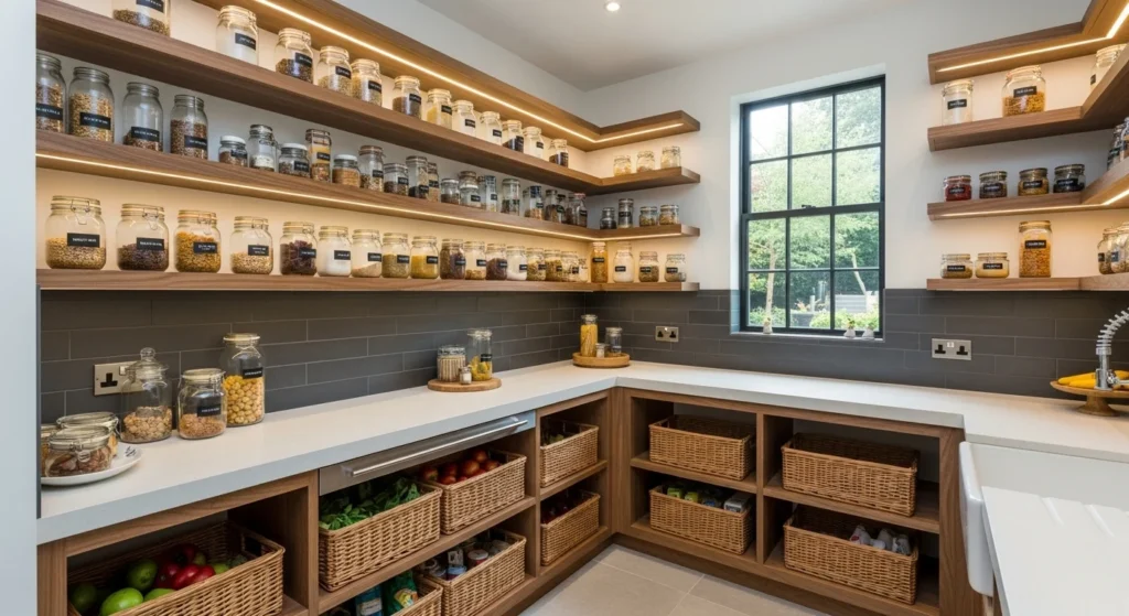 Kitchen food pantry featuring a built-in counter for food prep and appliance use