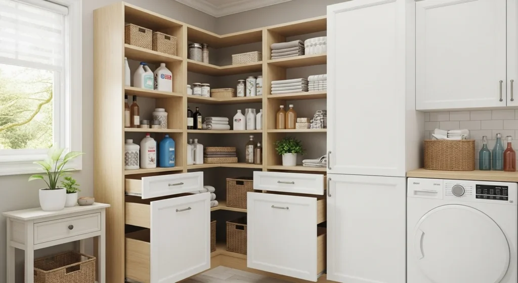 Corner Pantry Storage in Laundry Room