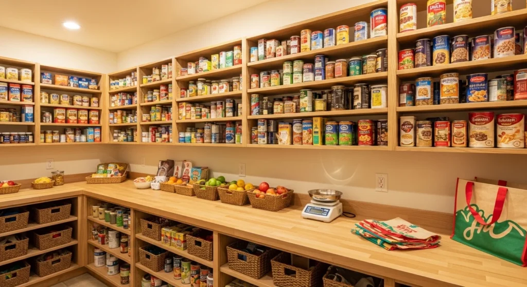 Food pantry featuring a built-in counter for food prep and grocery sorting