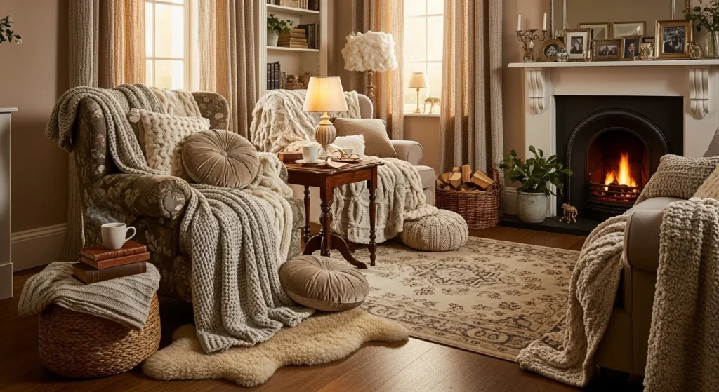Cozy parlor with layered rugs, cushions, and warm lighting for an inviting feel