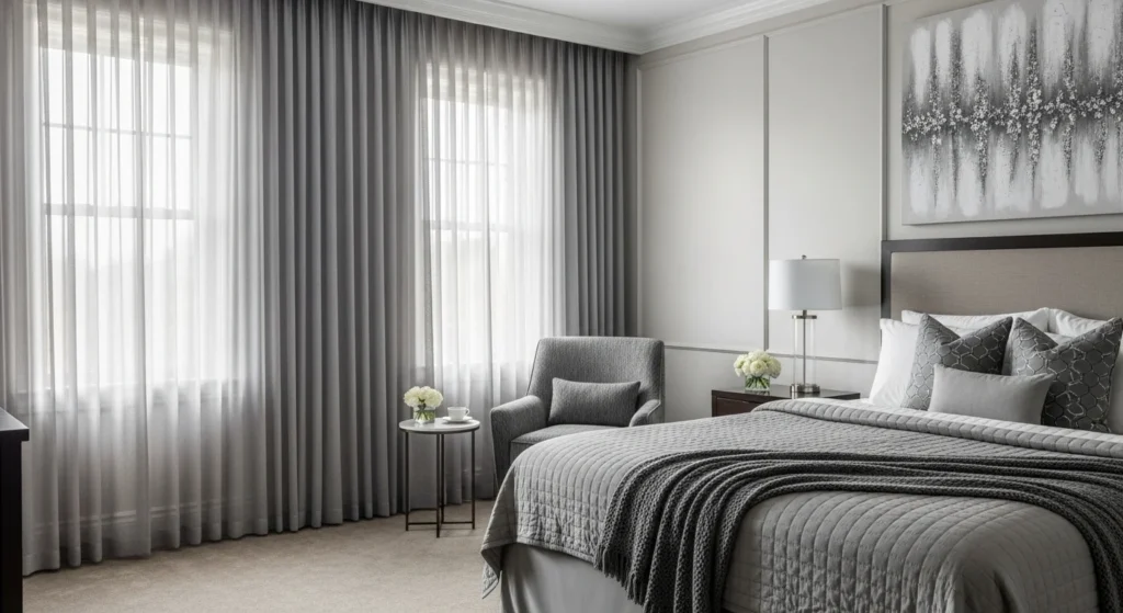 Grey Bedroom with Layered Textiles