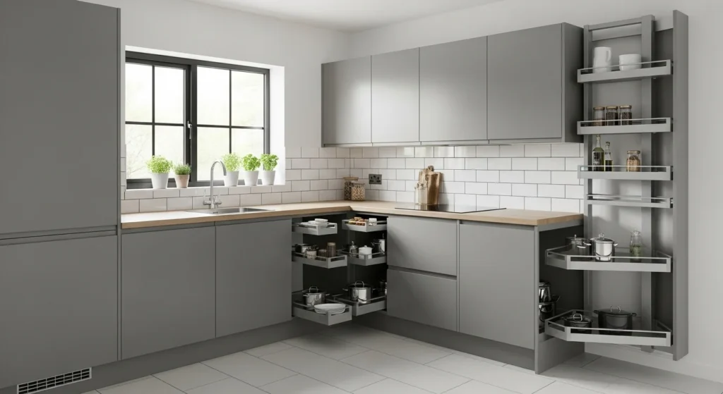 Small kitchen featuring efficient corner storage solutions like pull-out shelves and lazy Susan