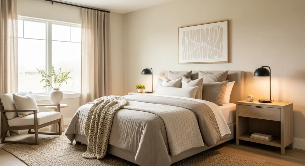 Soft beige guest bedroom with warm neutral tones creating a cozy and elegant feel