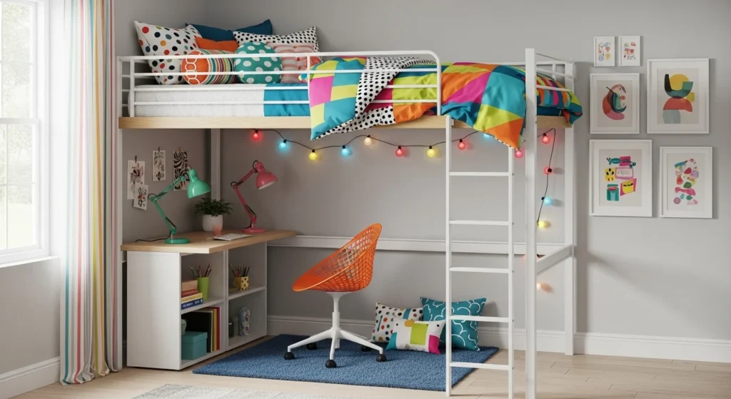 oft bed with vibrant bedding and accents, playful small bedroom 2026 design