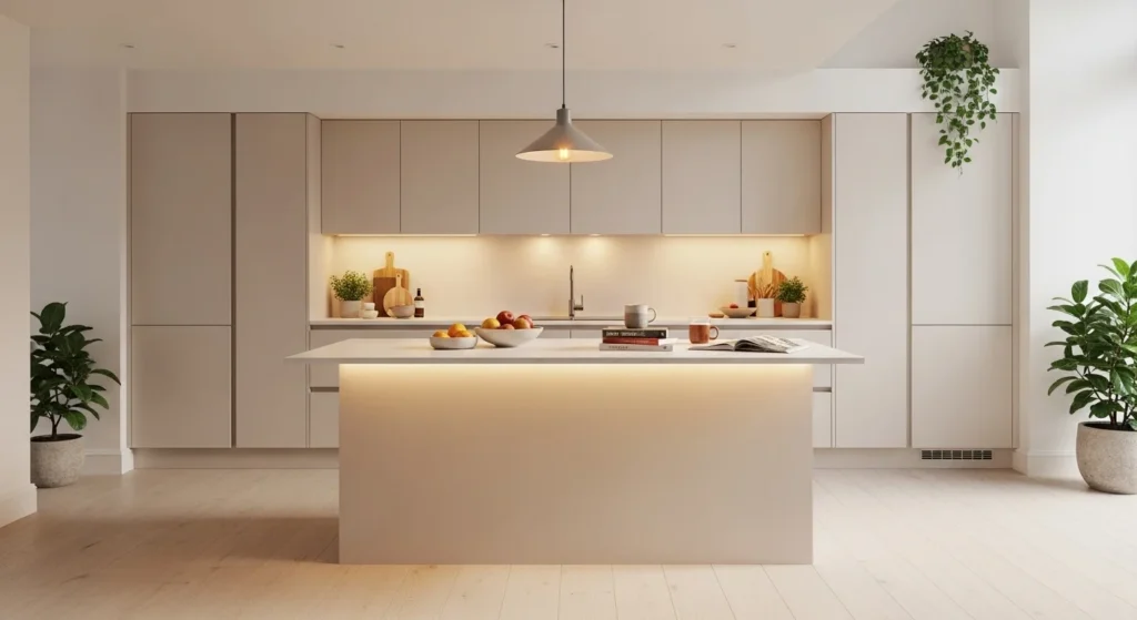 Central light wood kitchen island with seating, modern cozy 2026 interior