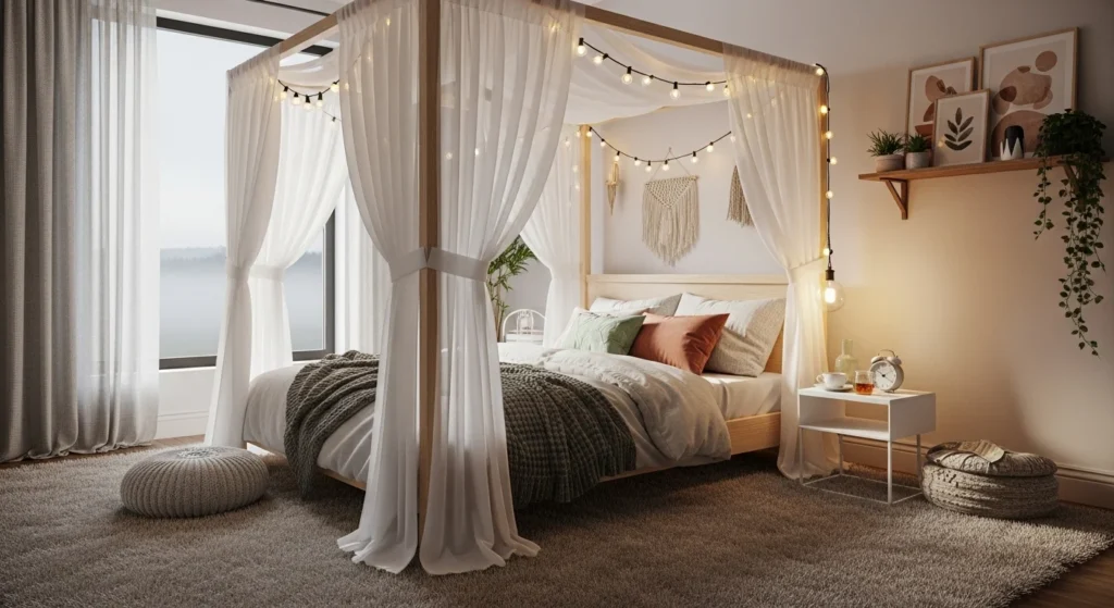 Canopy bed with hanging string lights, cozy whimsical bedroom, modern 2026 interior