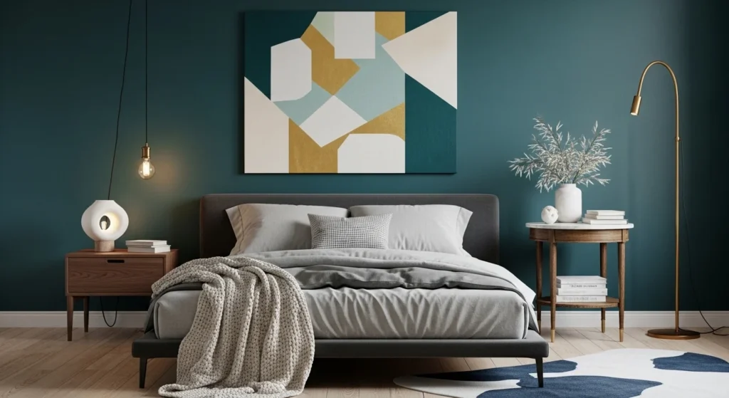 Bedroom layout featuring intentional asymmetry with mismatched nightstands and decor