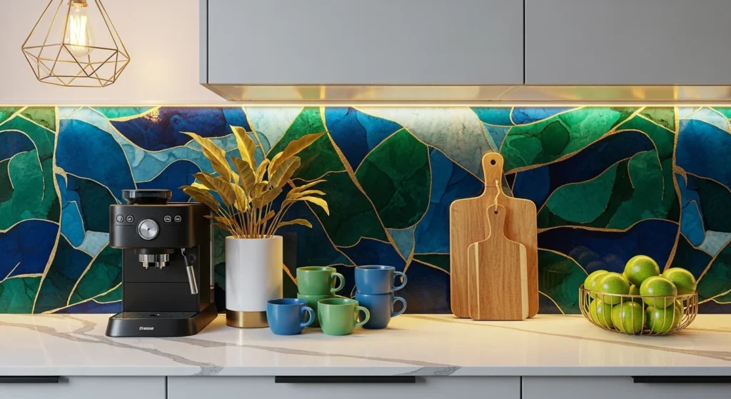 Kitchen counter decor coordinated with artistic backsplash design