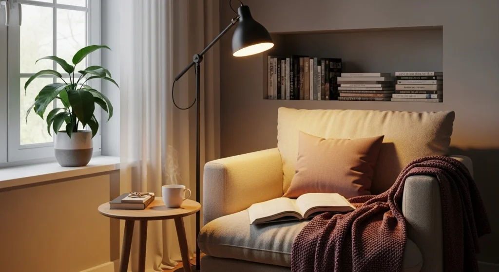Living room reading corner with comfortable chair and lamp