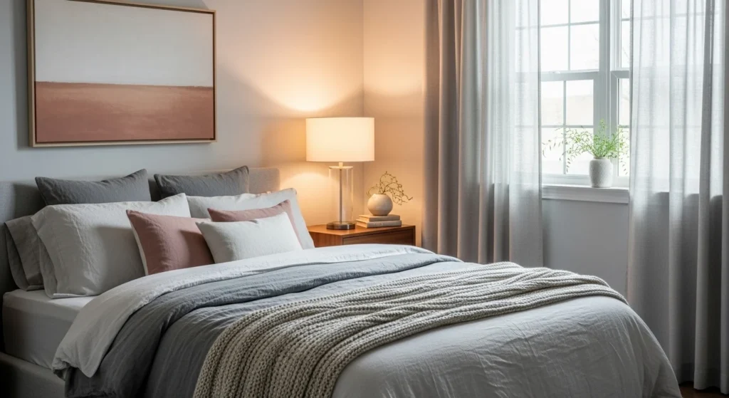 Soft grey guest bedroom with warm lighting, comfortable bedding, and modern styling