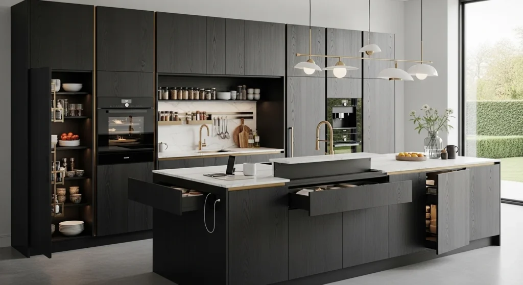 Luxury kitchen with seamless hidden storage solutions