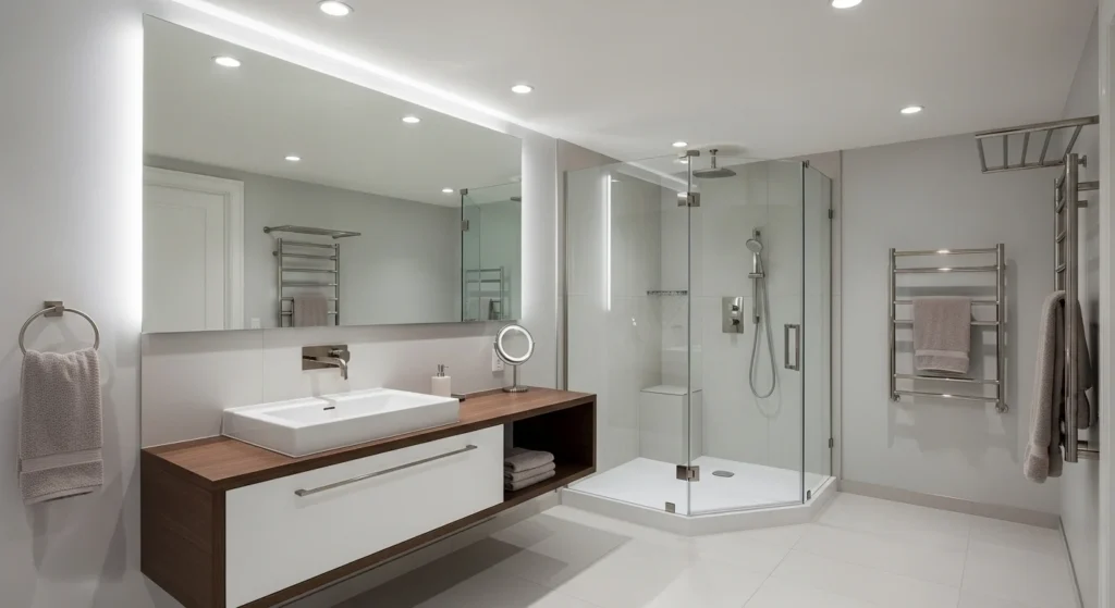 Basement bathroom with brushed gold and matte black metallic fixtures