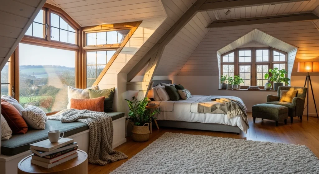 Attic bedroom featuring dormer windows with cozy window seating