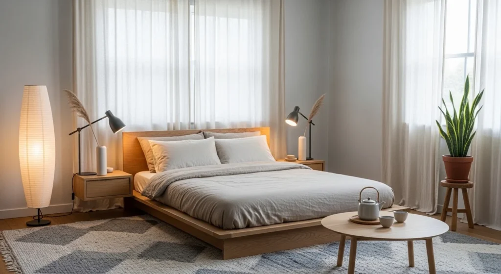 Minimalist bedroom with neutral tones, wooden furniture, and simple decor