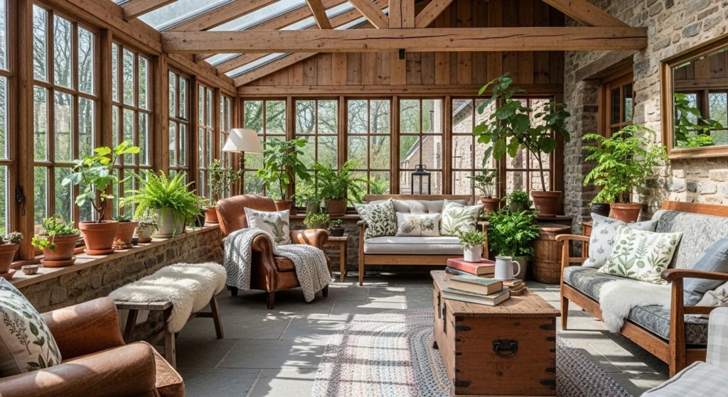 Rustic-style sunroom with wood beams and cozy seating