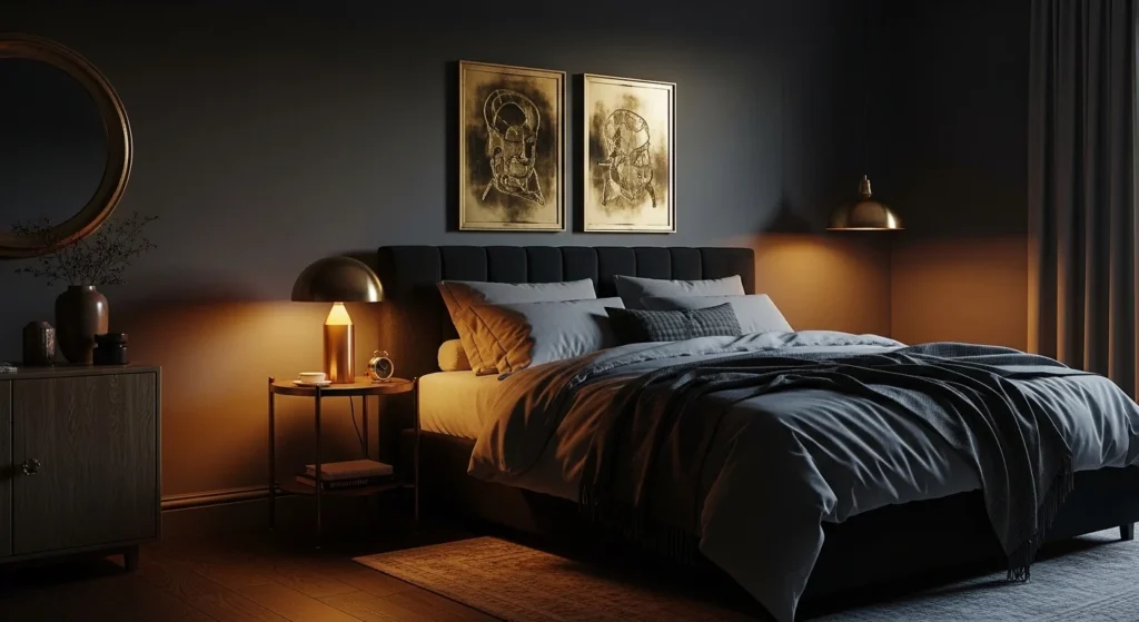 Moody bedroom featuring textured wall finishes and soft lighting
