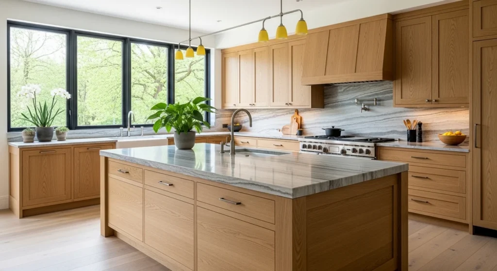 Oak kitchen paired with stone countertops and backsplash
