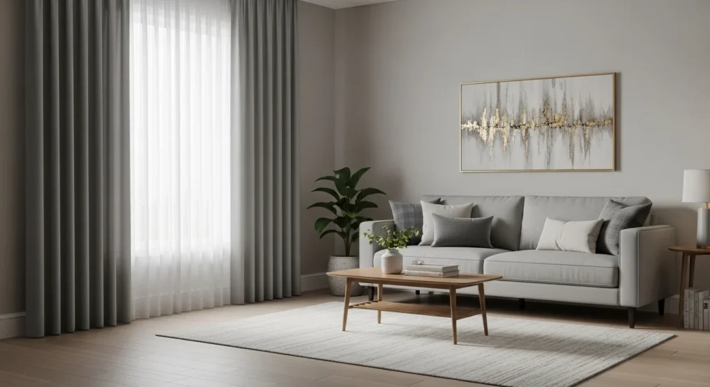 Modern living room with soft gray curtains and neutral decor