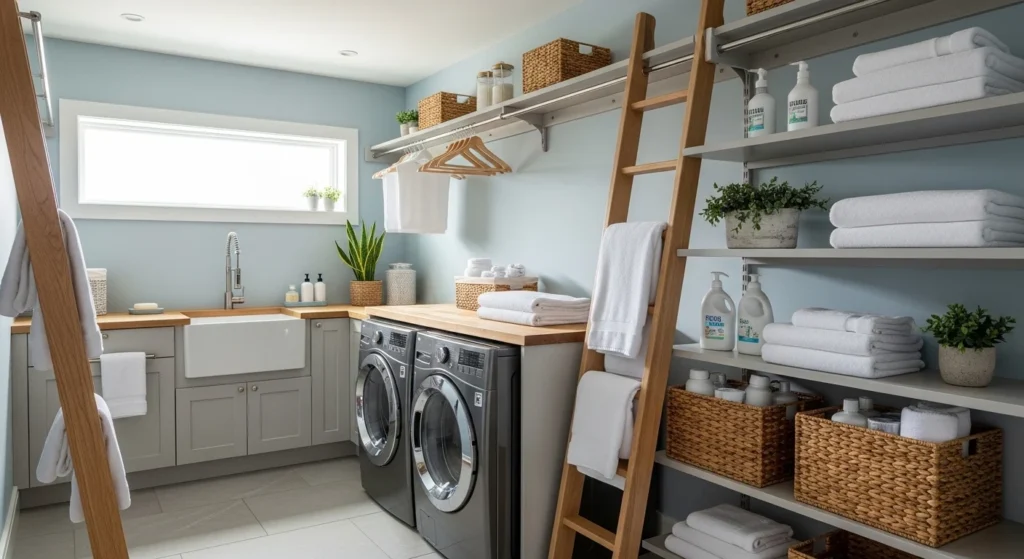 Laundry room with ladder-style shelves for vertical storage