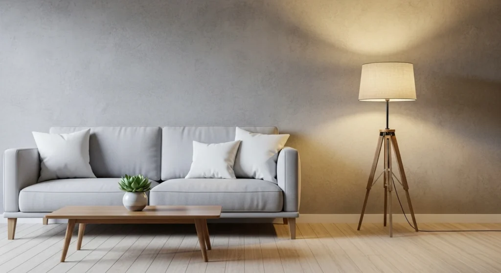 Compact living room featuring textured wall finish with minimalist furniture and soft lighting