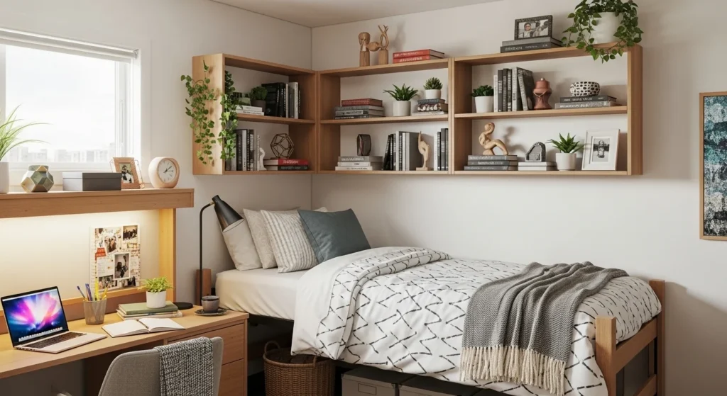 Dorm room with floating shelves for books and decor