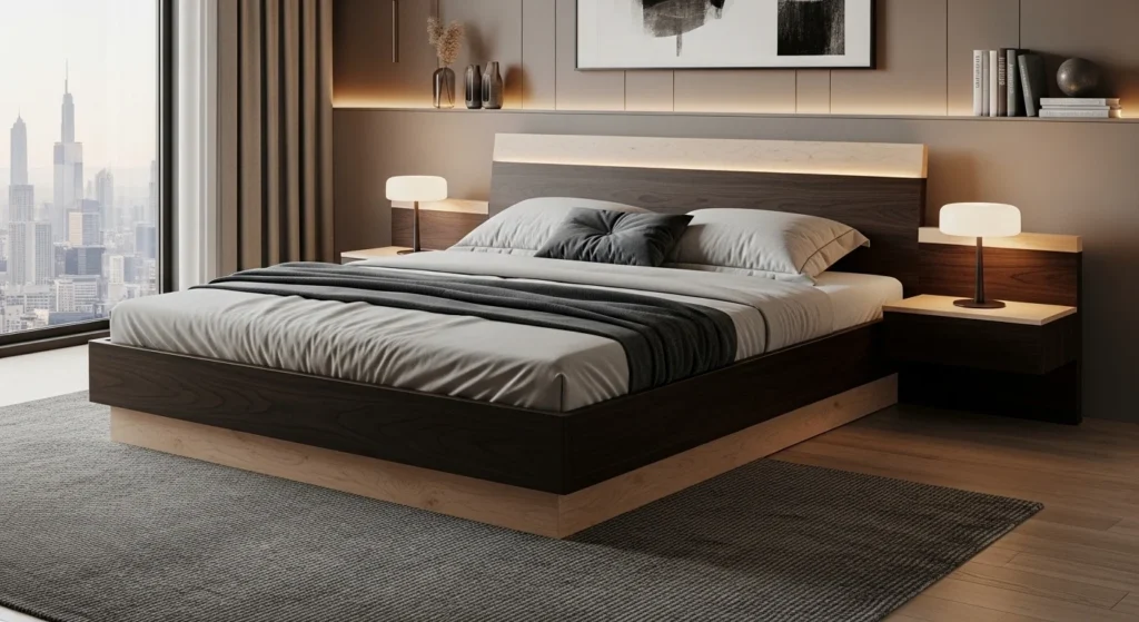 tle: Two-Tone Wooden Bed Alt Text: Wooden bed combining light and dark wood finishes for visual contrast