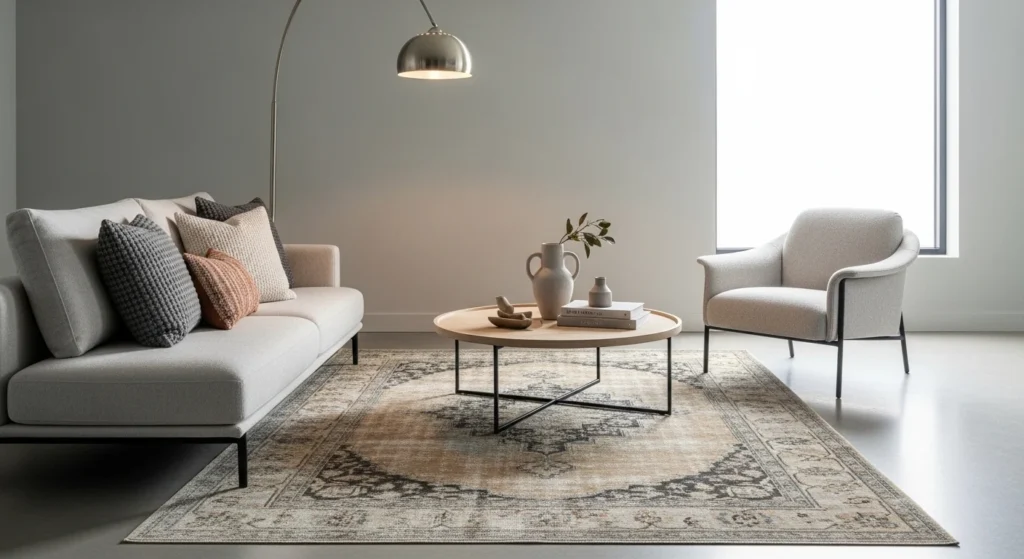 Faded vintage-style distressed rug in modern living room interior