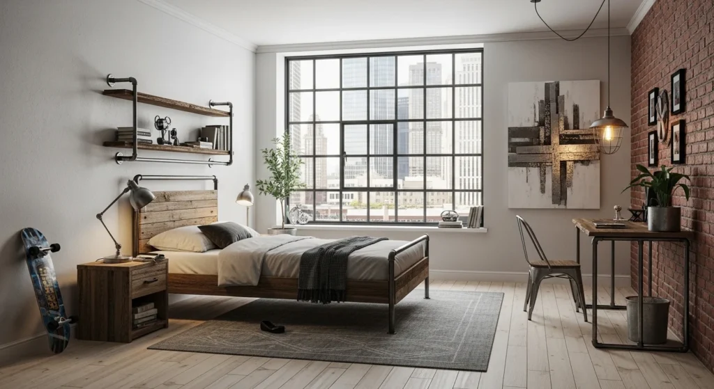 Boys bedroom mixing metal and wood elements with modern rustic design