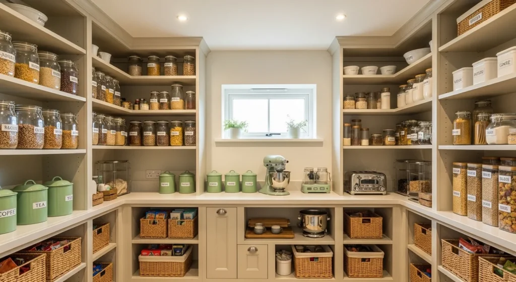 Kitchen pantry with color-coordinated food storage