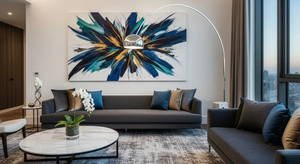 Elegant living room featuring large statement wall art