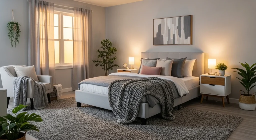 Cozy gray bedroom enhanced with soft warm lighting