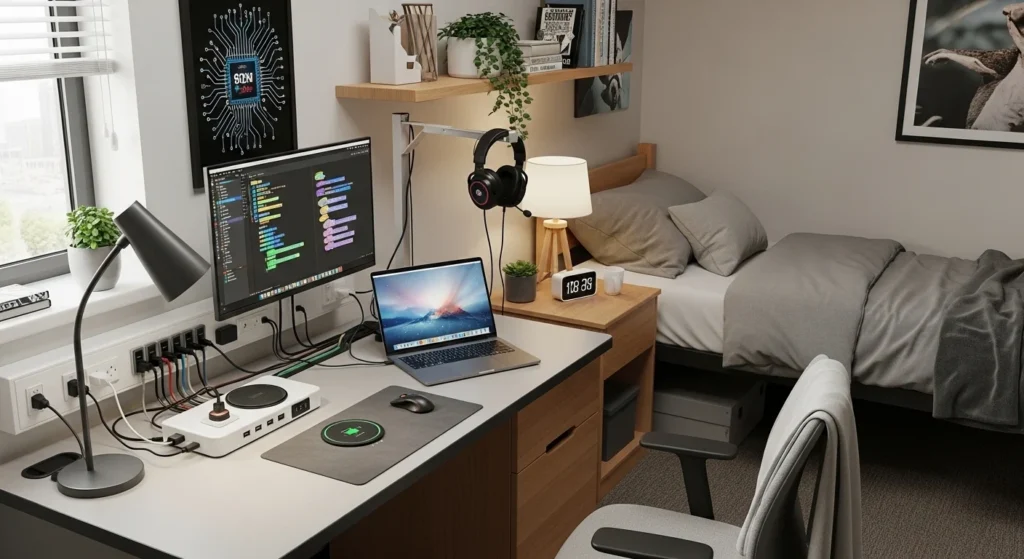 : College dorm room with charging station, cable organizers, and modern tech setup