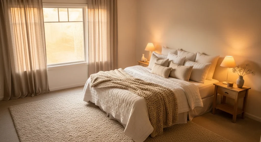 White cozy bedroom with layered textures, warm lighting, and soft neutral details
