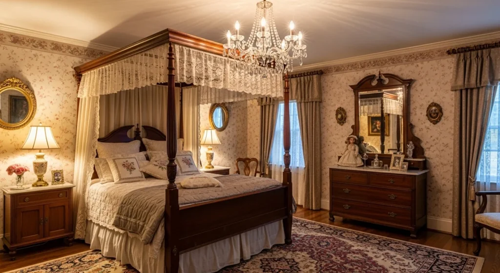 Vintage bedroom with classic crystal chandelier and warm lighting